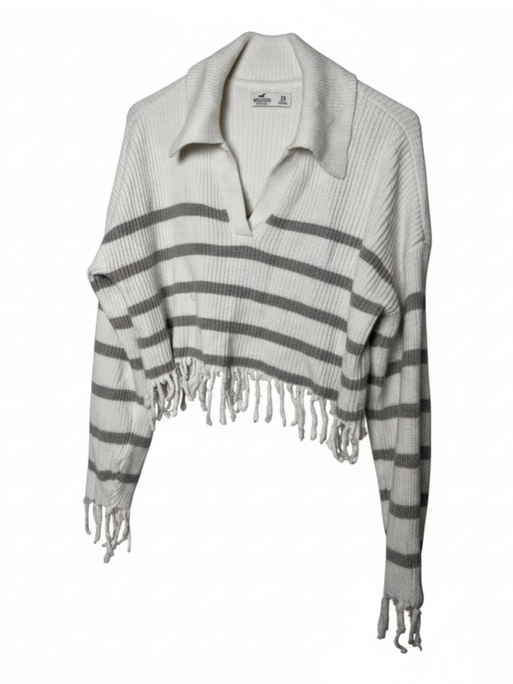 Hollister White & Gray Striped V‑Neck Fringe Sweater